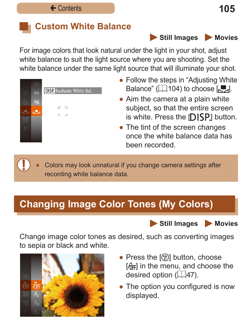 Custom white balance, Changing image color tones (my colors), Custom white | Balance, Changing image color, Tones (my colors) | Canon PowerShot SX410 IS User Manual | Page 105 / 250