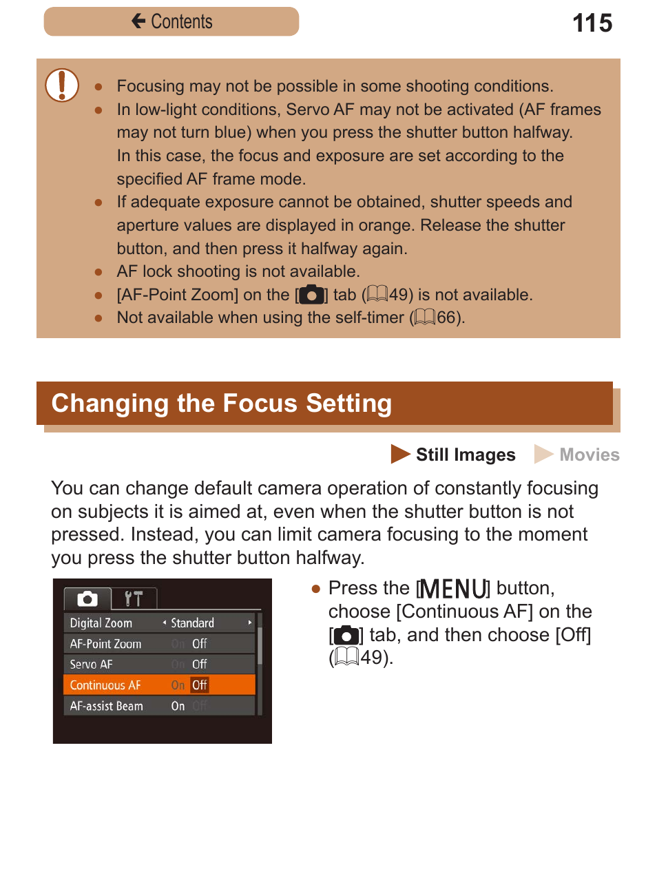 Changing the focus setting, Changing the focus, Setting | Canon PowerShot SX410 IS User Manual | Page 115 / 250