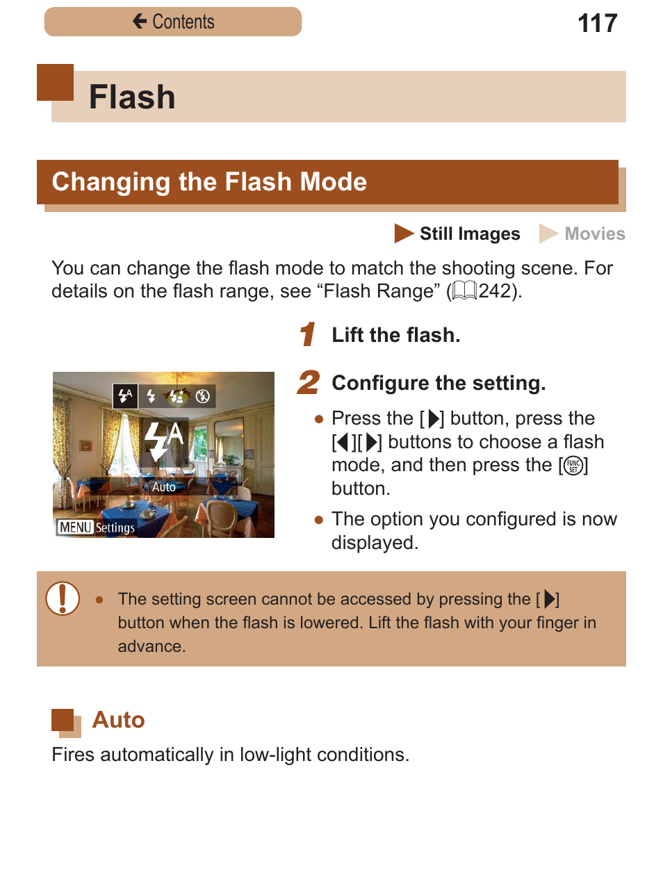 Flash, Changing the flash mode, Auto | Changing the flash, Mode | Canon PowerShot SX410 IS User Manual | Page 117 / 250