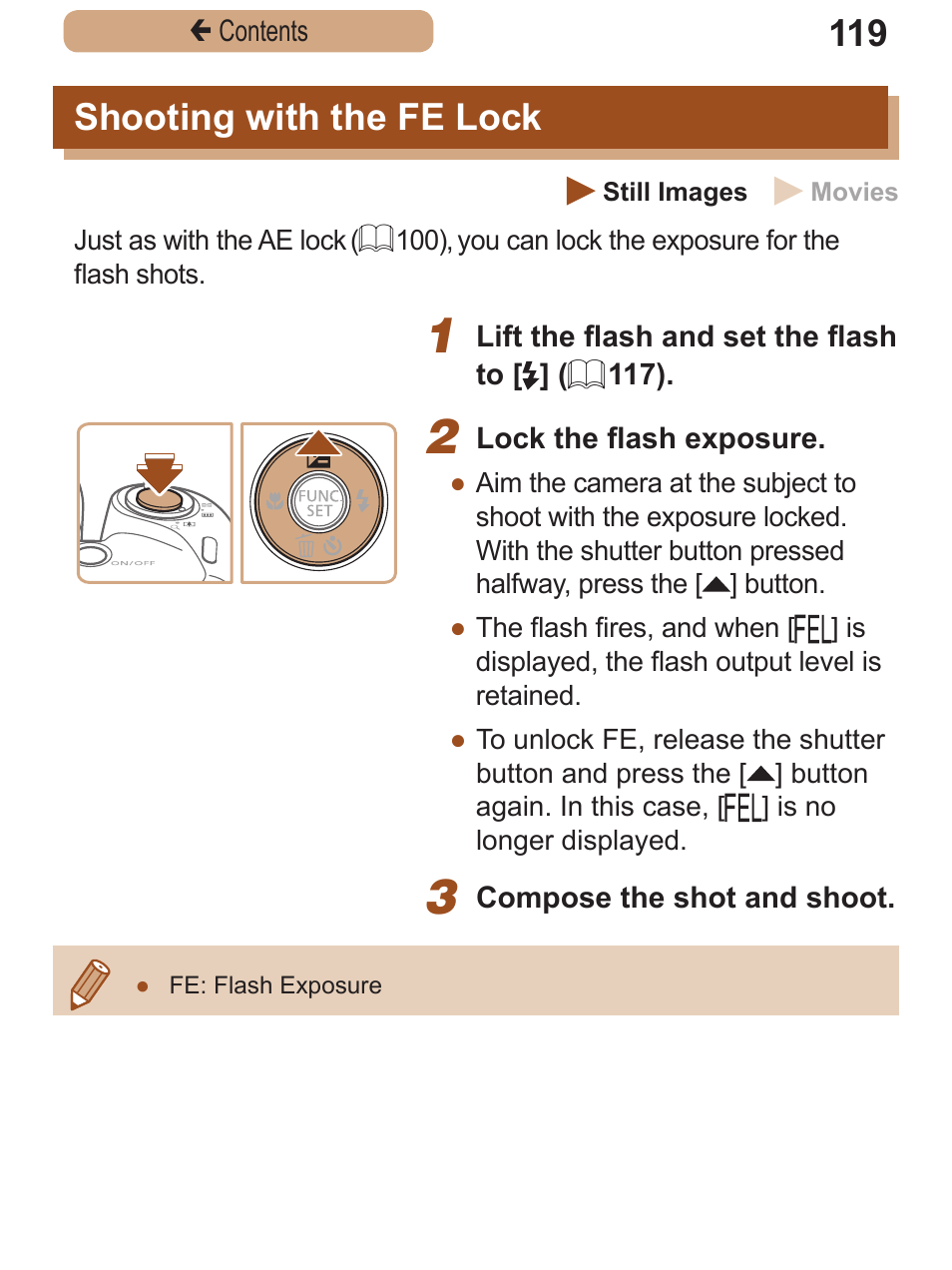 Shooting with the fe lock, Shooting with the fe, Lock | Canon PowerShot SX410 IS User Manual | Page 119 / 250