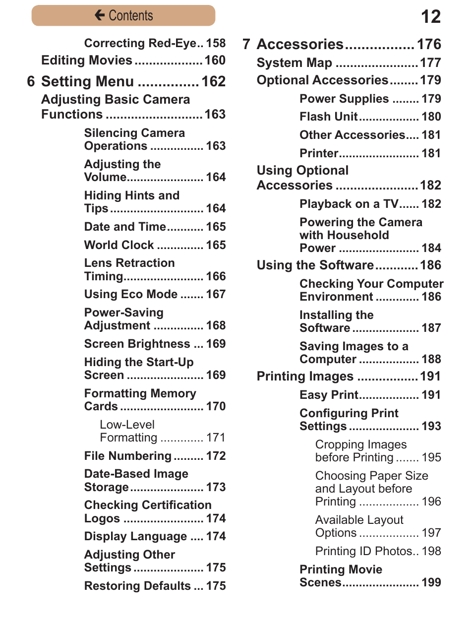 Çcontents, 6 setting menu, 7 accessories | Canon PowerShot SX410 IS User Manual | Page 12 / 250