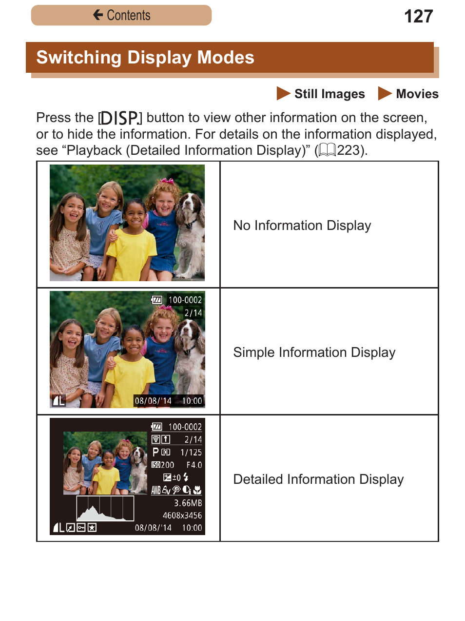 Switching display modes, Switching display, Modes | Canon PowerShot SX410 IS User Manual | Page 127 / 250