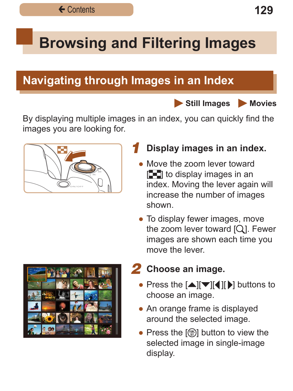 Browsing and filtering images, Navigating through images in an index, Browsing and filtering | Images, Navigating through, Images in an index | Canon PowerShot SX410 IS User Manual | Page 129 / 250