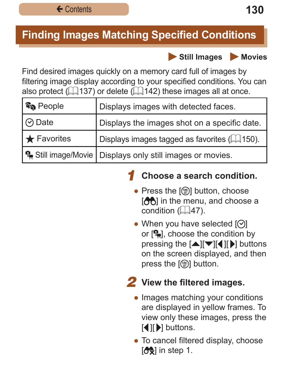 Finding images matching specified conditions, Finding images matching, Specified | Conditions | Canon PowerShot SX410 IS User Manual | Page 130 / 250