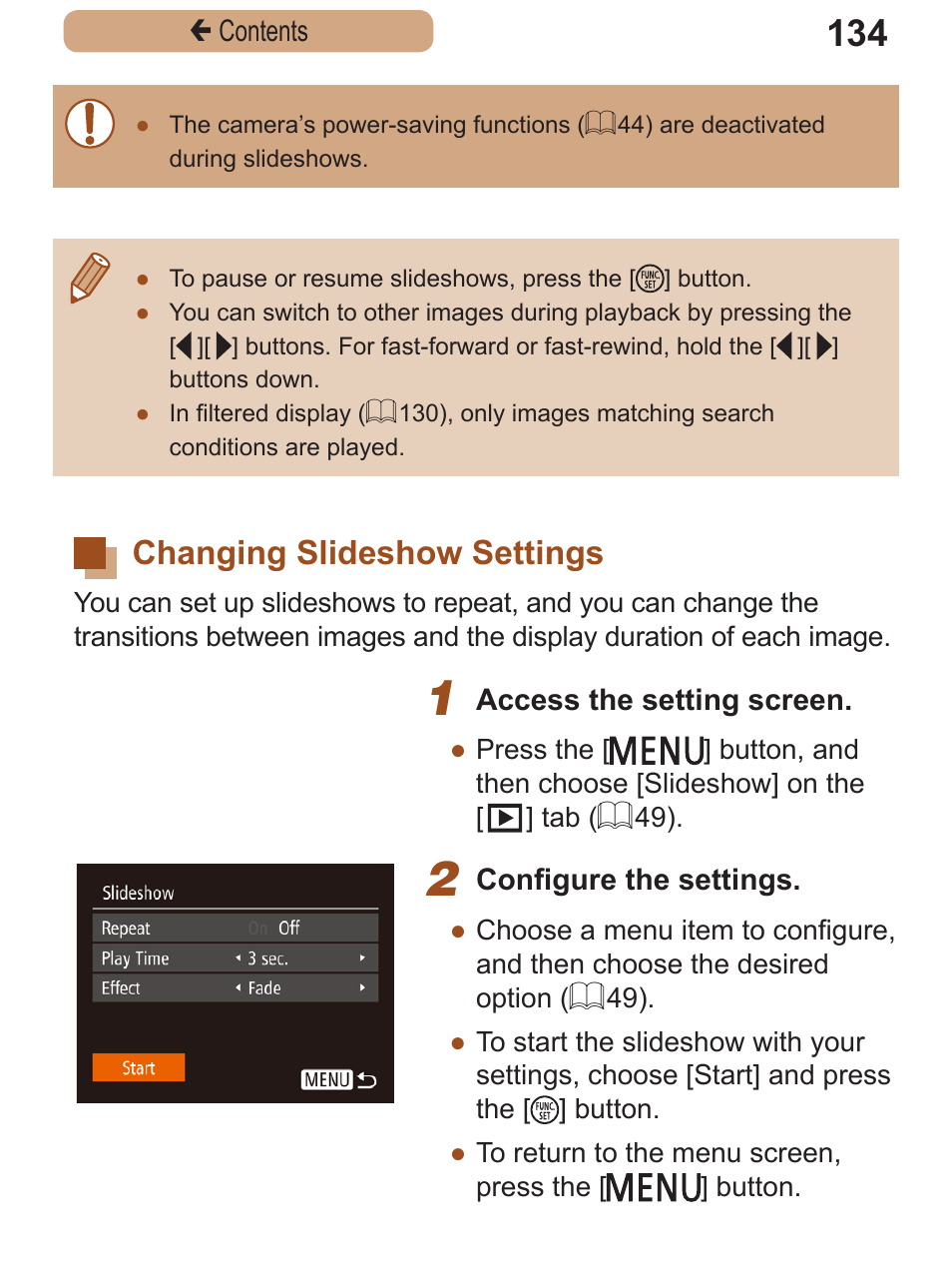 Changing slideshow settings, Changing slideshow, Settings | Canon PowerShot SX410 IS User Manual | Page 134 / 250