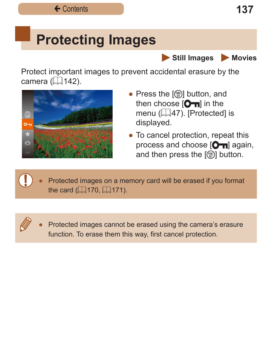 Protecting images, 137) or tag, Also protect (= 137) or delete | Canon PowerShot SX410 IS User Manual | Page 137 / 250
