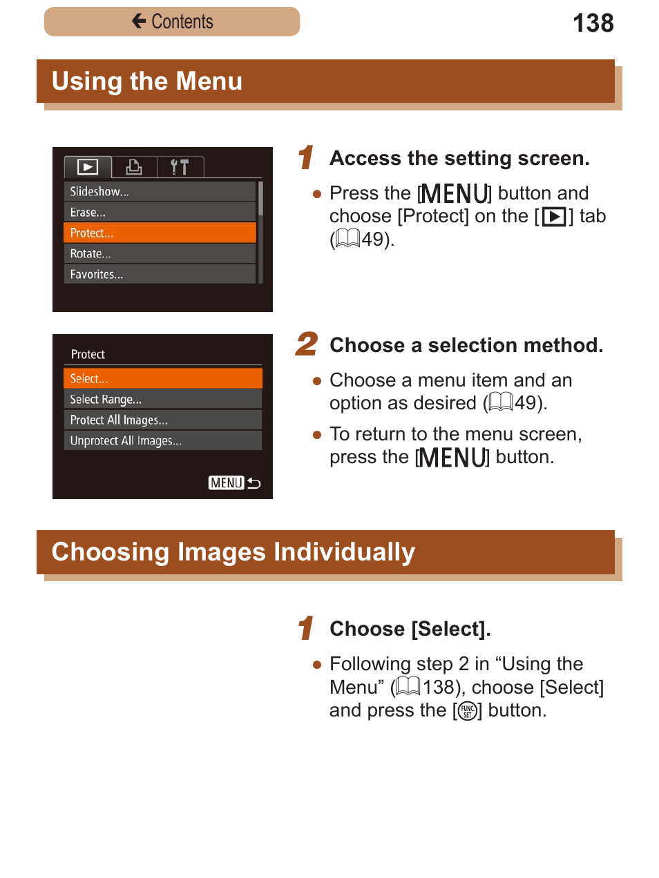 Using the menu, Choosing images individually, Using the menu choosing images | Individually | Canon PowerShot SX410 IS User Manual | Page 138 / 250