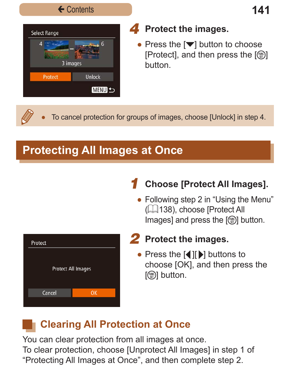 Protecting all images at once, Clearing all protection at once, Protecting all images at | Once, Clearing all protection, At once | Canon PowerShot SX410 IS User Manual | Page 141 / 250