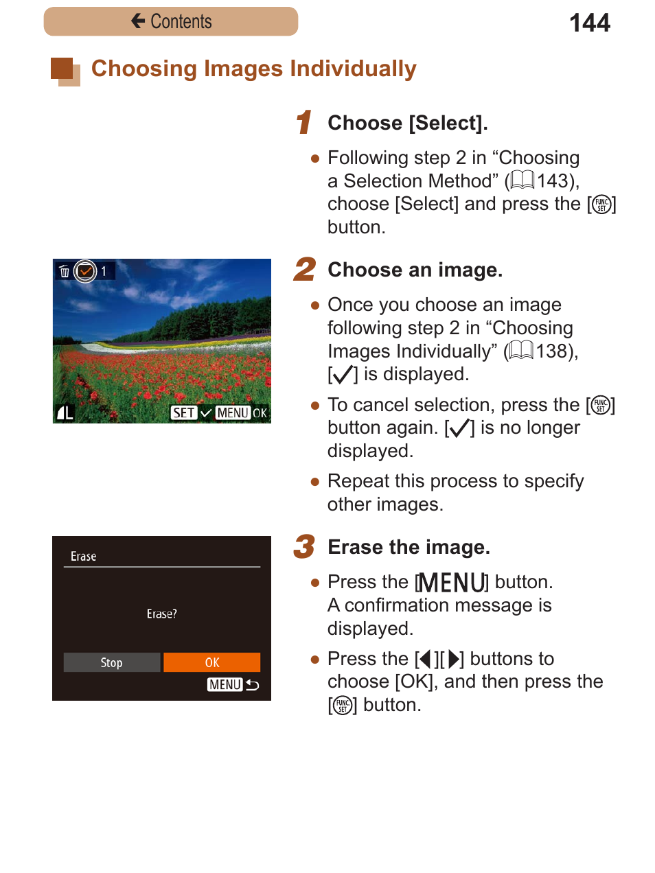 Choosing images individually, Choosing images, Individually | Canon PowerShot SX410 IS User Manual | Page 144 / 250