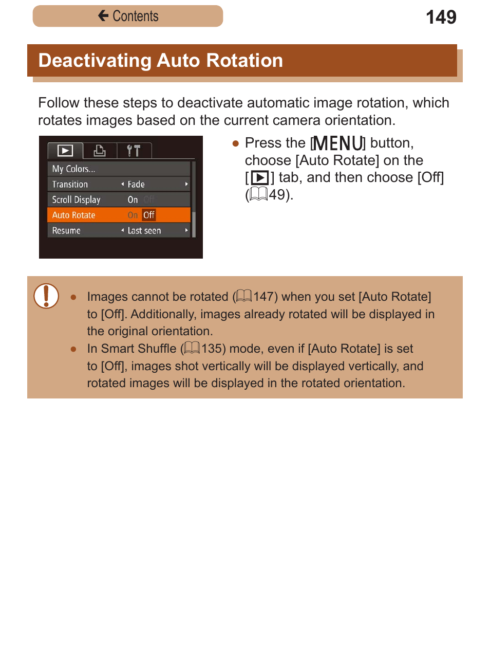 Deactivating auto rotation, Deactivating auto, Rotation | Canon PowerShot SX410 IS User Manual | Page 149 / 250