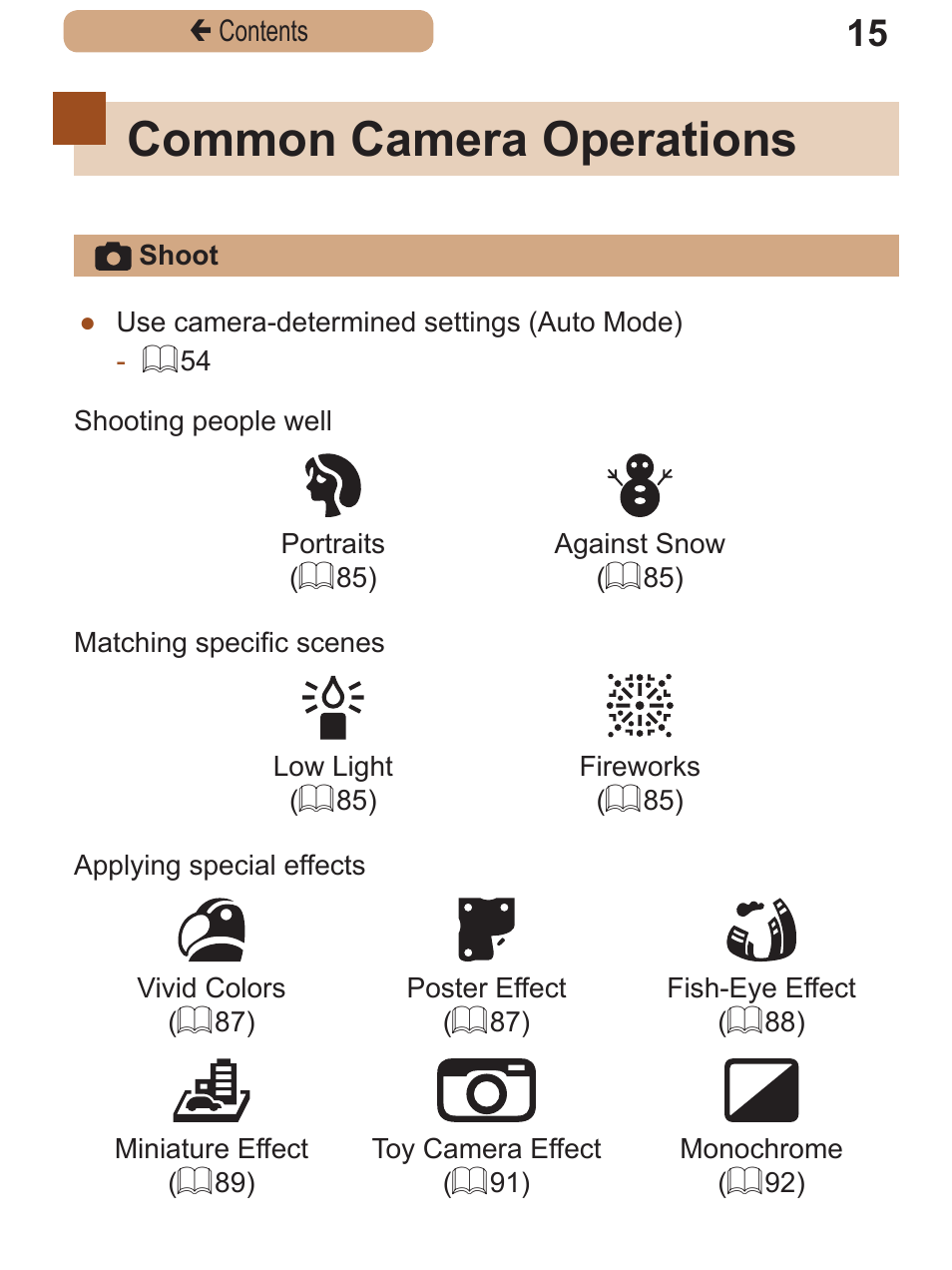 Common camera operations, Common camera, Operations | Canon PowerShot SX410 IS User Manual | Page 15 / 250