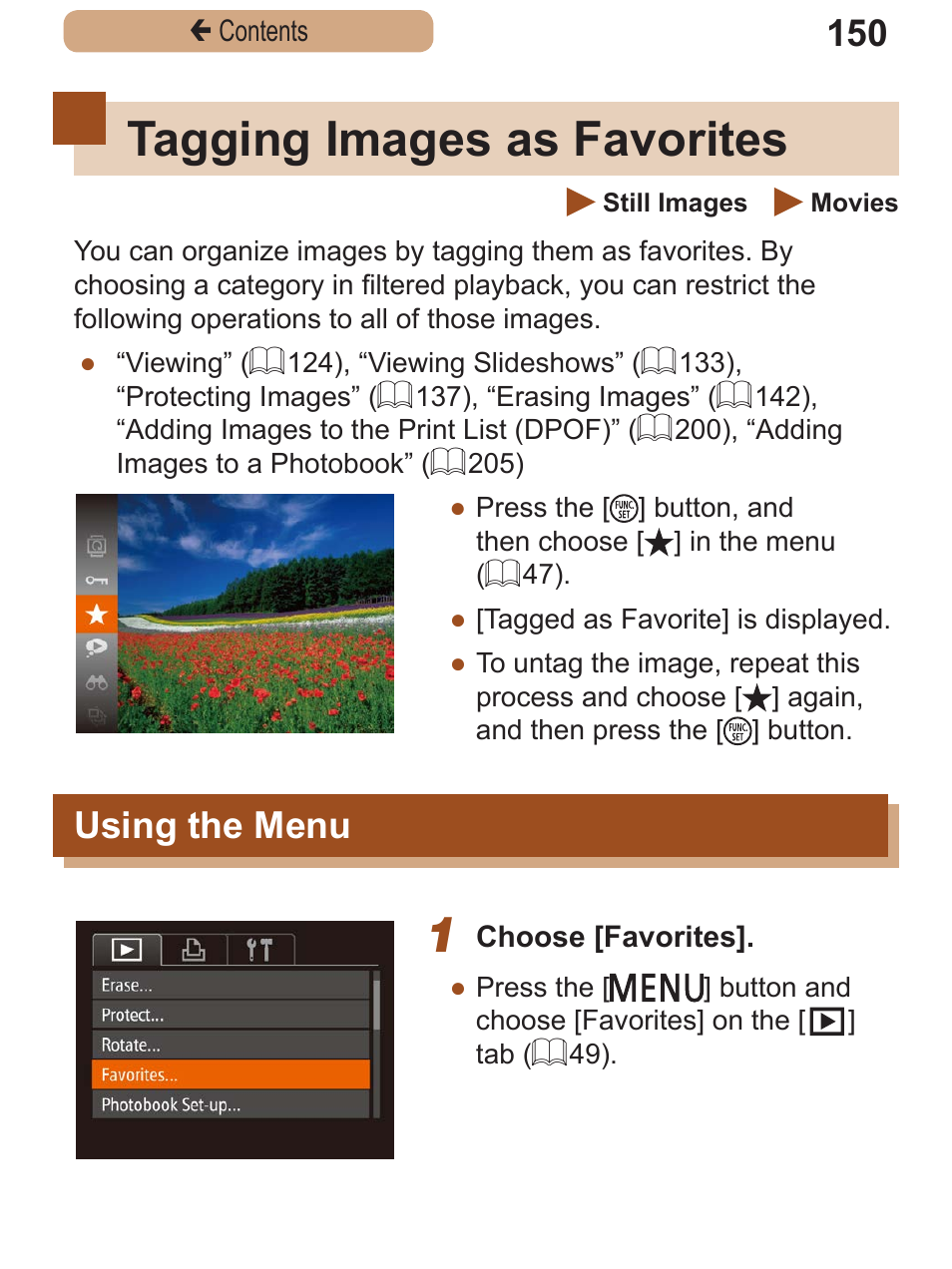 Tagging images as favorites, Using the menu, Tagging images as | Favorites, 150) by pressing the | Canon PowerShot SX410 IS User Manual | Page 150 / 250