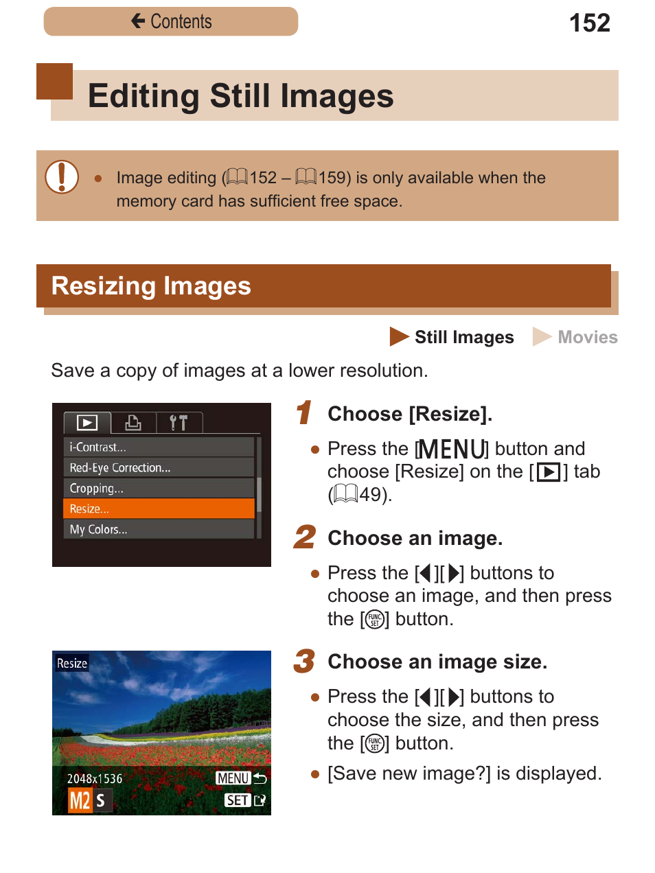 Editing still images, Resizing images | Canon PowerShot SX410 IS User Manual | Page 152 / 250