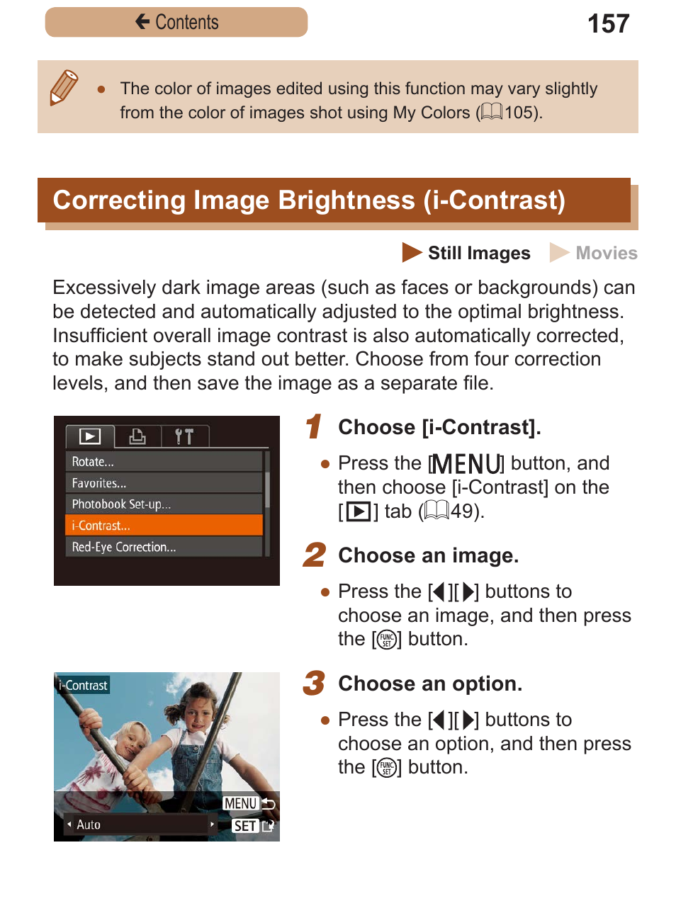 Correcting image brightness (i-contrast), Correcting image, Brightness | I-contrast) | Canon PowerShot SX410 IS User Manual | Page 157 / 250