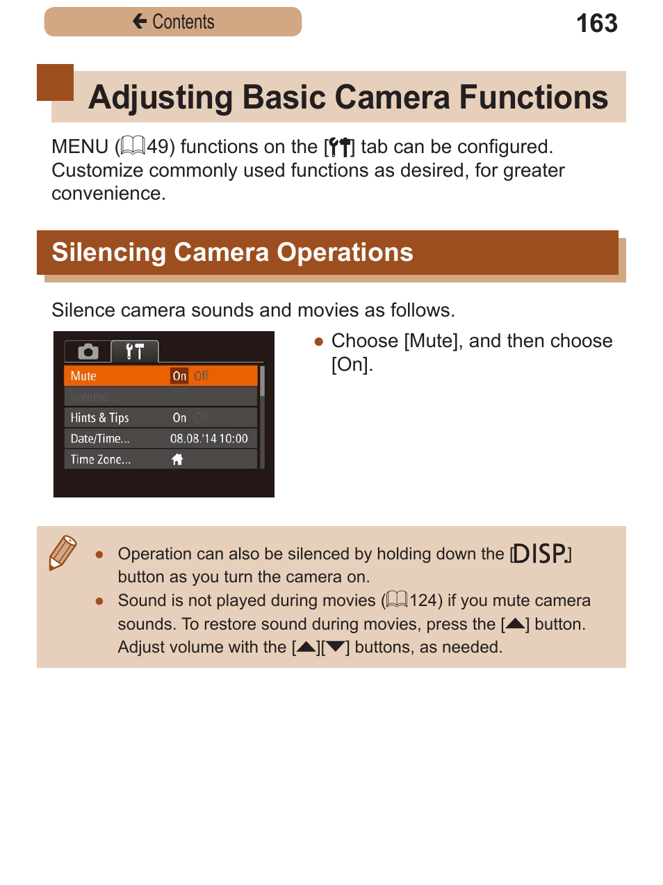 Adjusting basic camera functions, Silencing camera operations, Adjusting basic camera | Functions, Silencing camera, Operations | Canon PowerShot SX410 IS User Manual | Page 163 / 250