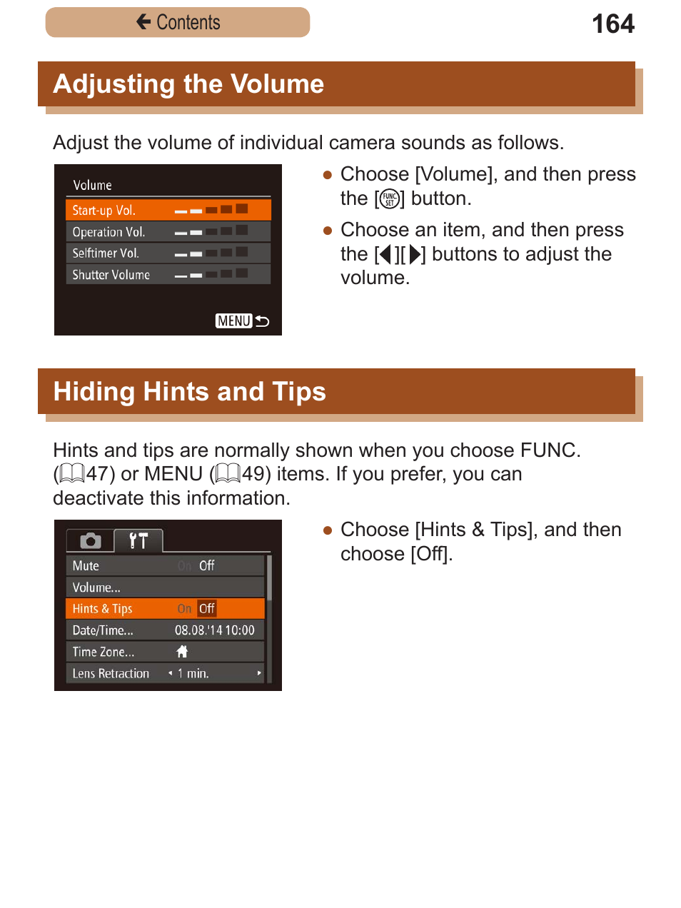 Adjusting the volume, Hiding hints and tips, Adjusting the | Volume hiding hints and, Tips | Canon PowerShot SX410 IS User Manual | Page 164 / 250