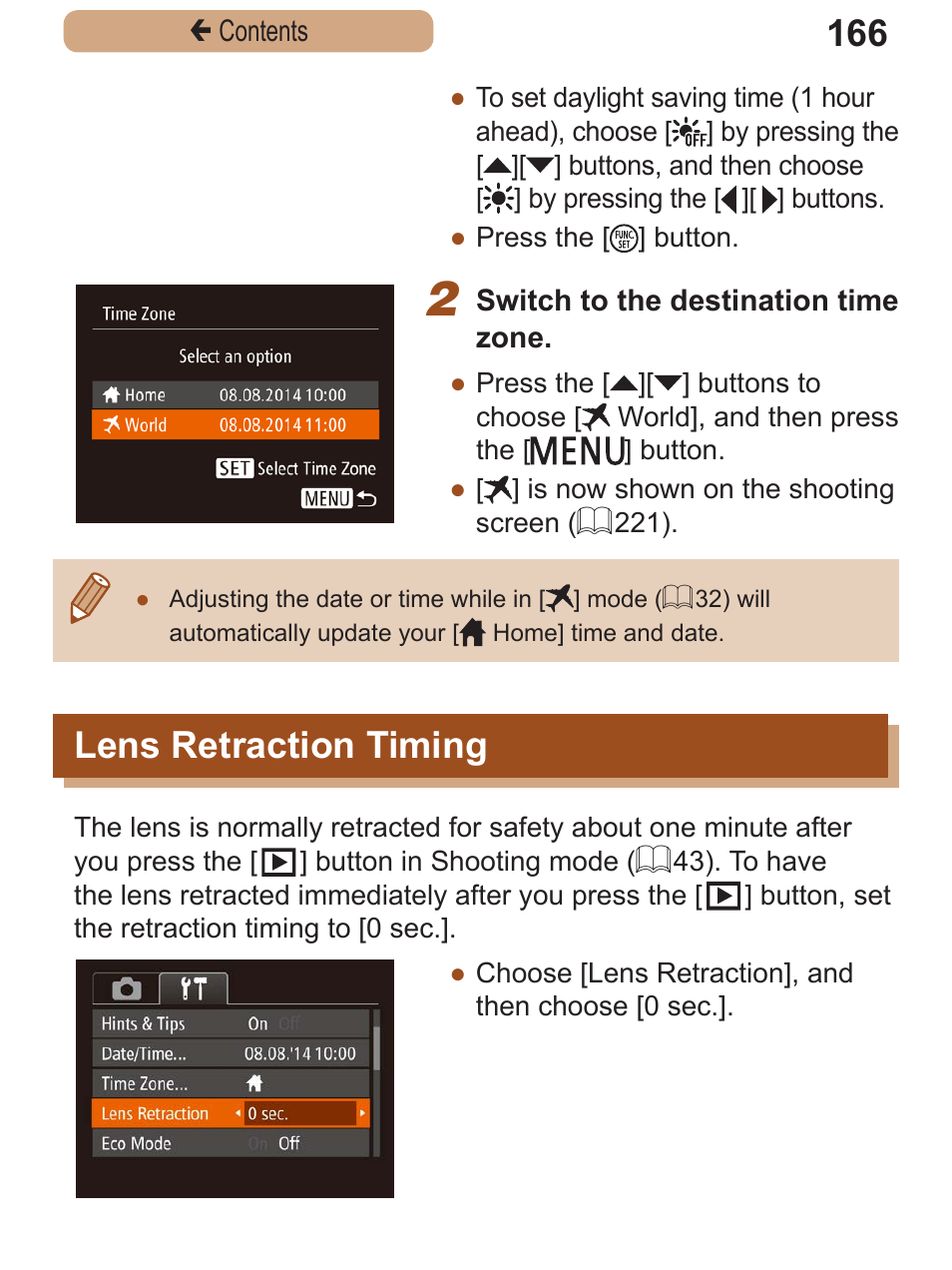Lens retraction timing, Lens retraction, Timing | Canon PowerShot SX410 IS User Manual | Page 166 / 250