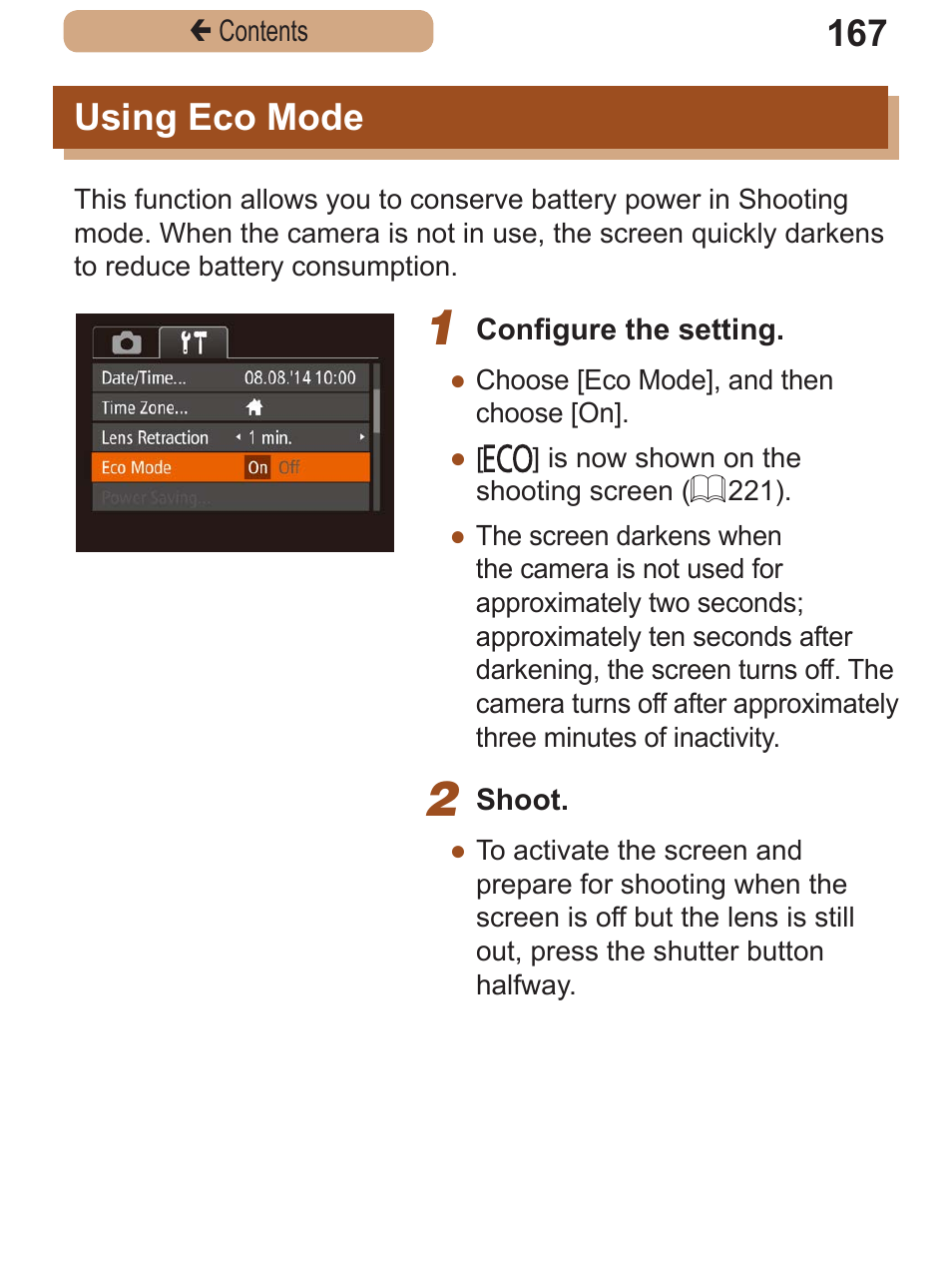 Using eco mode | Canon PowerShot SX410 IS User Manual | Page 167 / 250