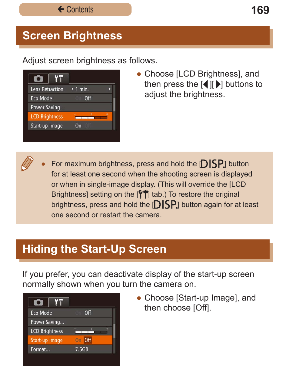 Screen brightness, Hiding the start-up screen, Screen brightness hiding the start-up | Screen | Canon PowerShot SX410 IS User Manual | Page 169 / 250