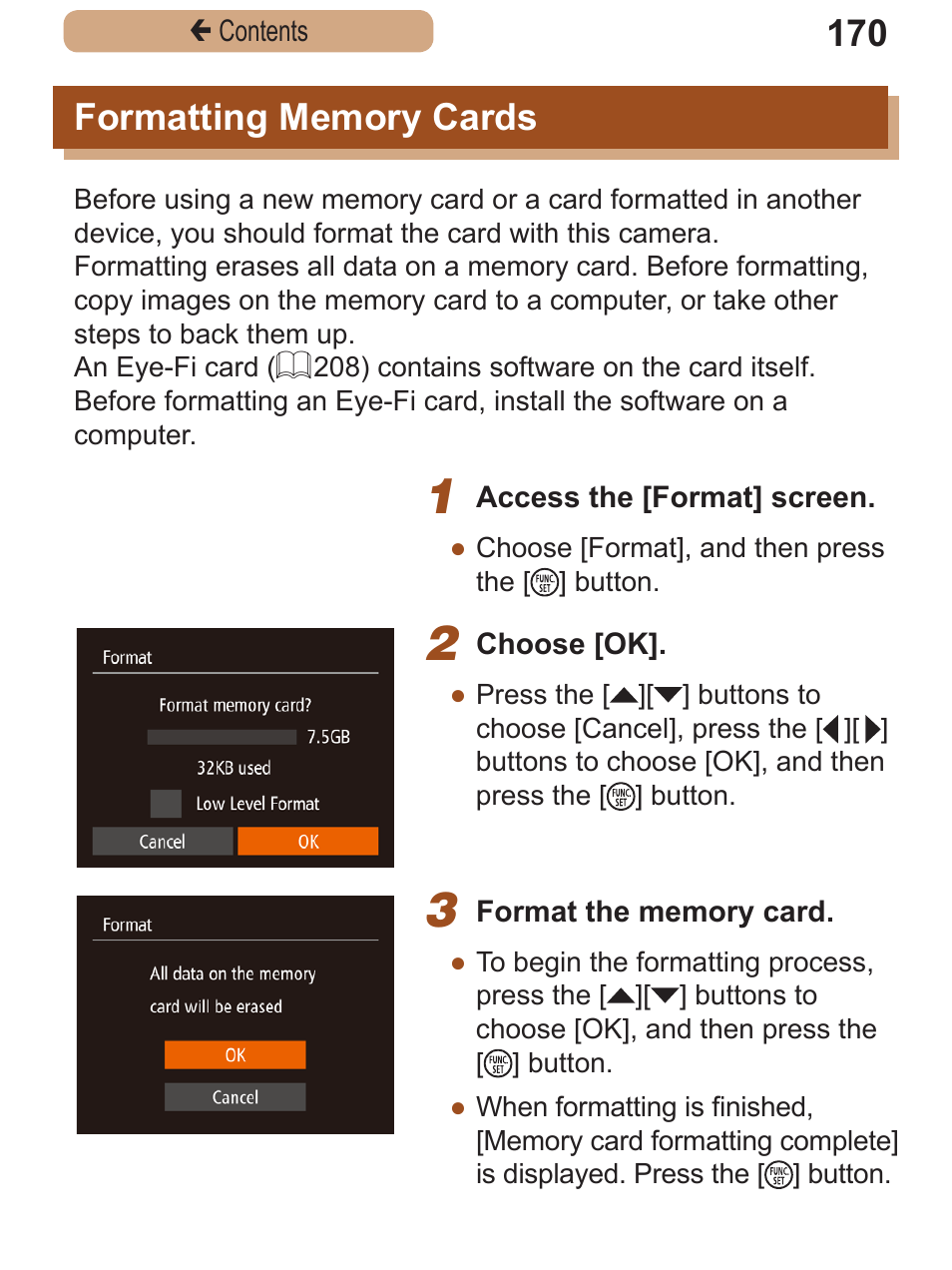 Formatting memory cards, Formatting memory, Cards | The card (= 170 | Canon PowerShot SX410 IS User Manual | Page 170 / 250