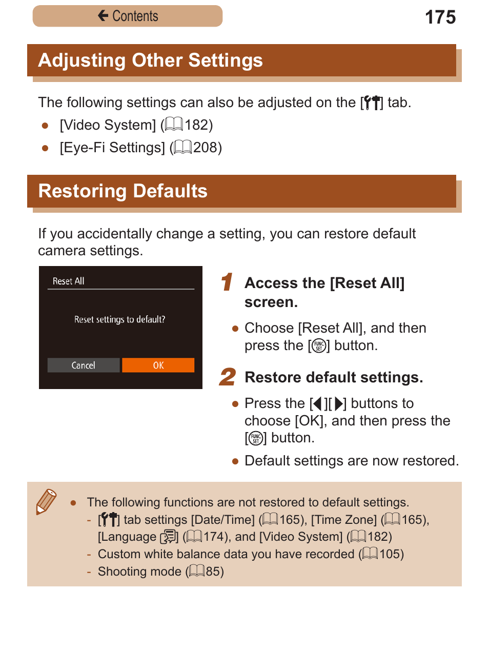 Adjusting other settings, Restoring defaults, Adjusting other | Settings restoring defaults | Canon PowerShot SX410 IS User Manual | Page 175 / 250