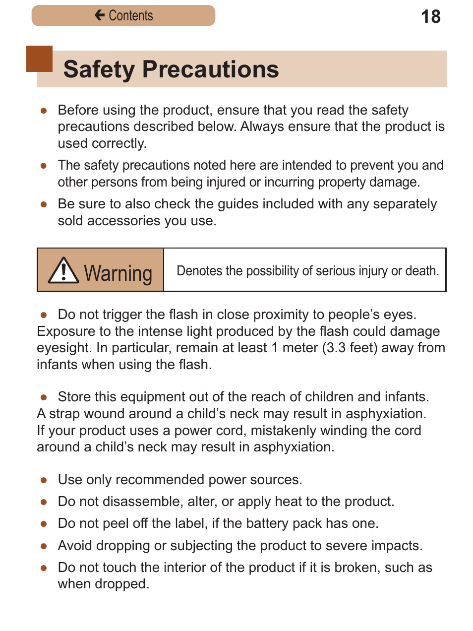 Safety precautions, Warning | Canon PowerShot SX410 IS User Manual | Page 18 / 250