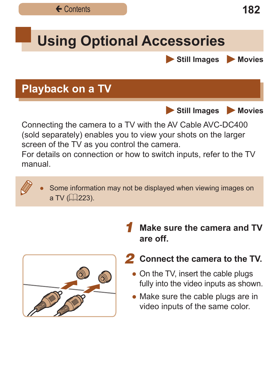 Using optional accessories, Playback on a tv, Using optional | Accessories, Ideo system] (= 182) | Canon PowerShot SX410 IS User Manual | Page 182 / 250