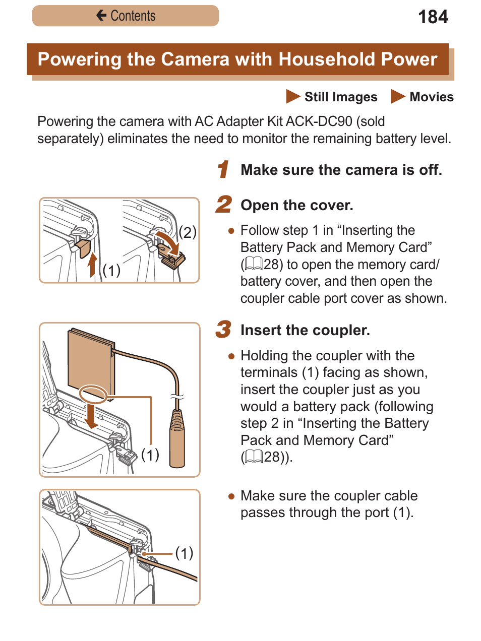 Powering the camera with household power, Powering the camera, With household | Power | Canon PowerShot SX410 IS User Manual | Page 184 / 250