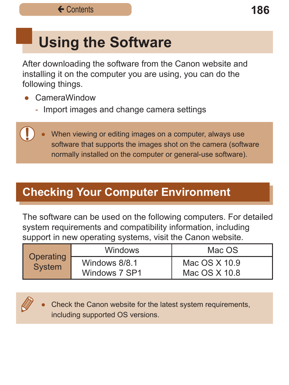 Using the software, Checking your computer environment, Checking your computer | Environment | Canon PowerShot SX410 IS User Manual | Page 186 / 250