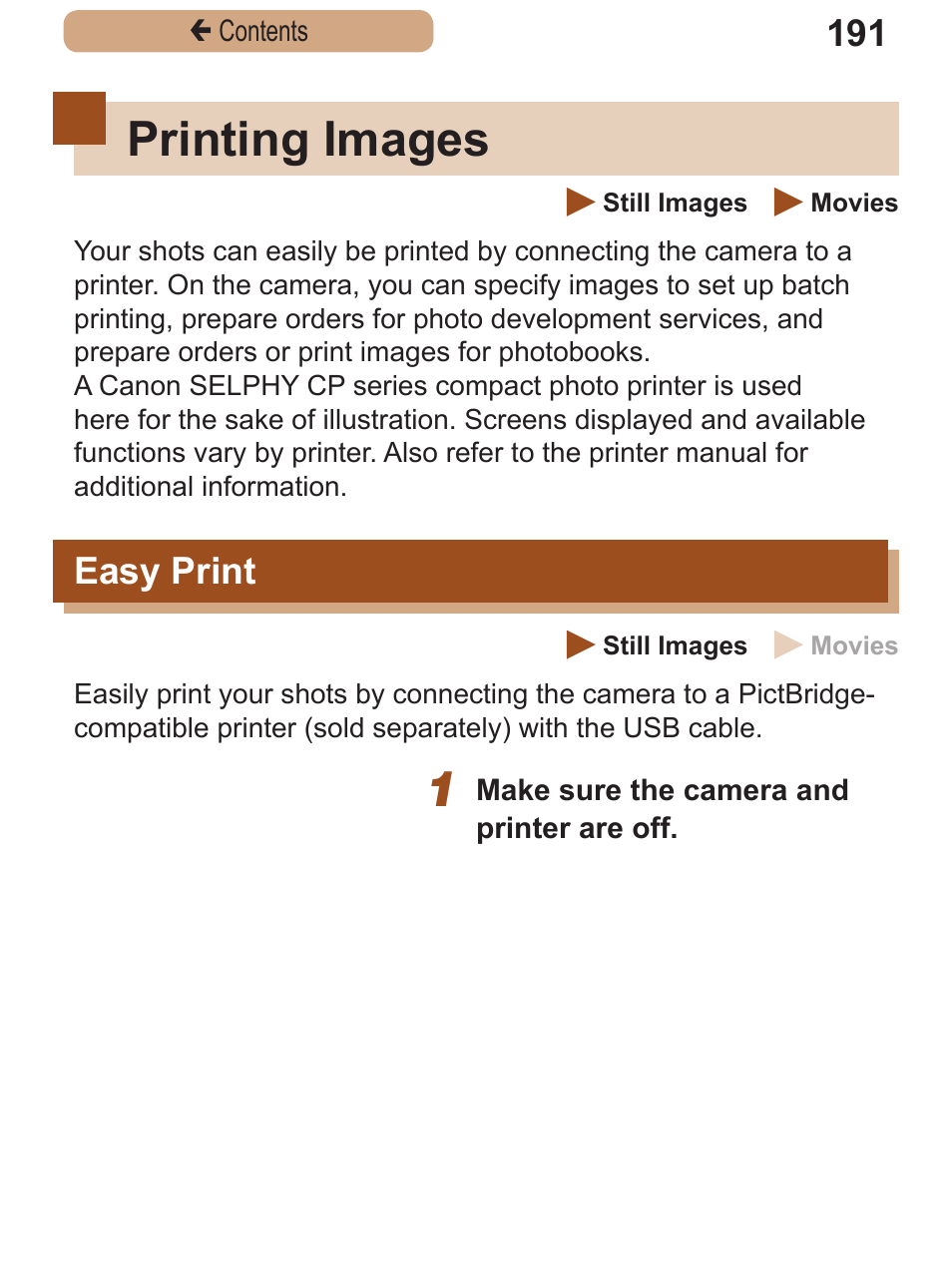 Printing images, Easy print | Canon PowerShot SX410 IS User Manual | Page 191 / 250