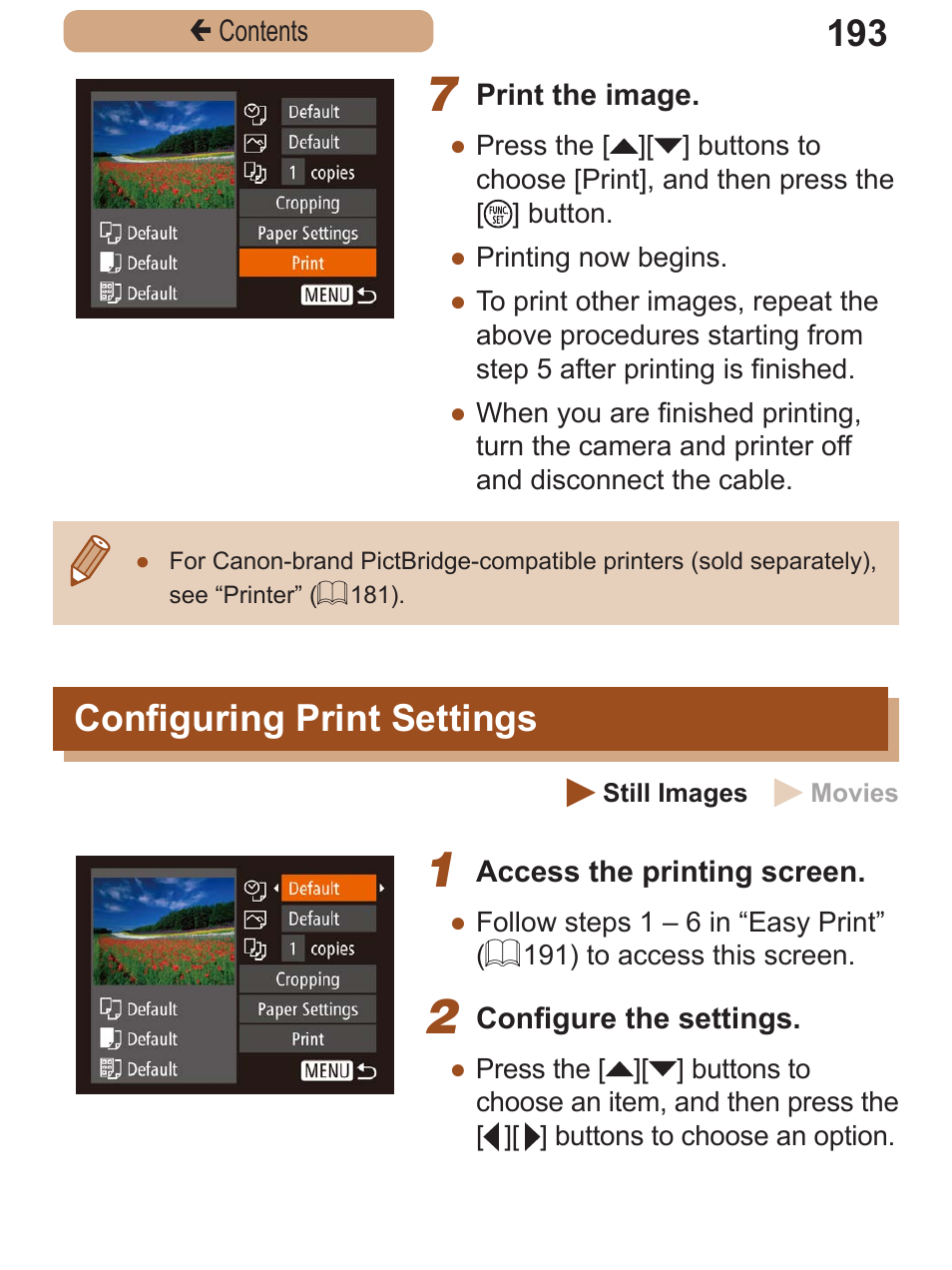 Configuring print settings, Configuring print, Settings | Canon PowerShot SX410 IS User Manual | Page 193 / 250