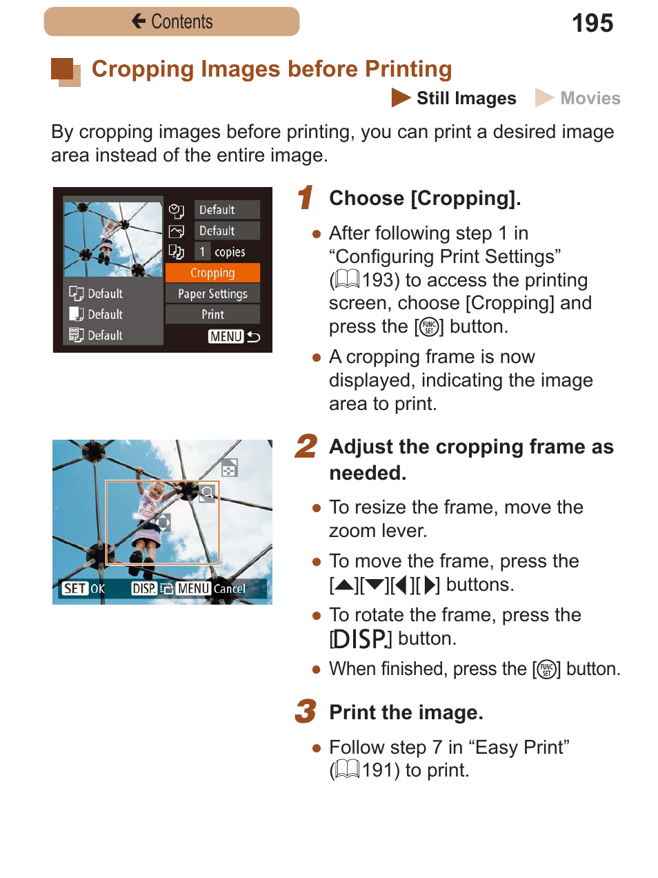 Cropping images before printing, Cropping images, Before printing | Canon PowerShot SX410 IS User Manual | Page 195 / 250