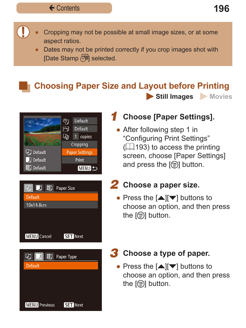 Choosing paper size and layout before printing, Choosing paper size, And layout before | Printing | Canon PowerShot SX410 IS User Manual | Page 196 / 250