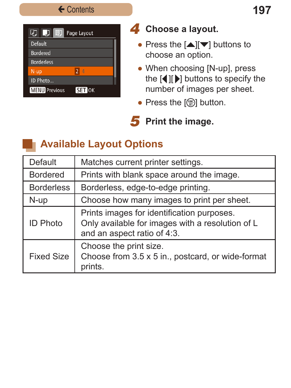 Available layout options, Available layout, Options | Canon PowerShot SX410 IS User Manual | Page 197 / 250