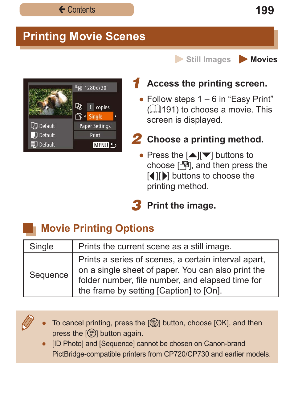 Printing movie scenes, Movie printing options, Printing movie | Scenes, Movie printing, Options | Canon PowerShot SX410 IS User Manual | Page 199 / 250