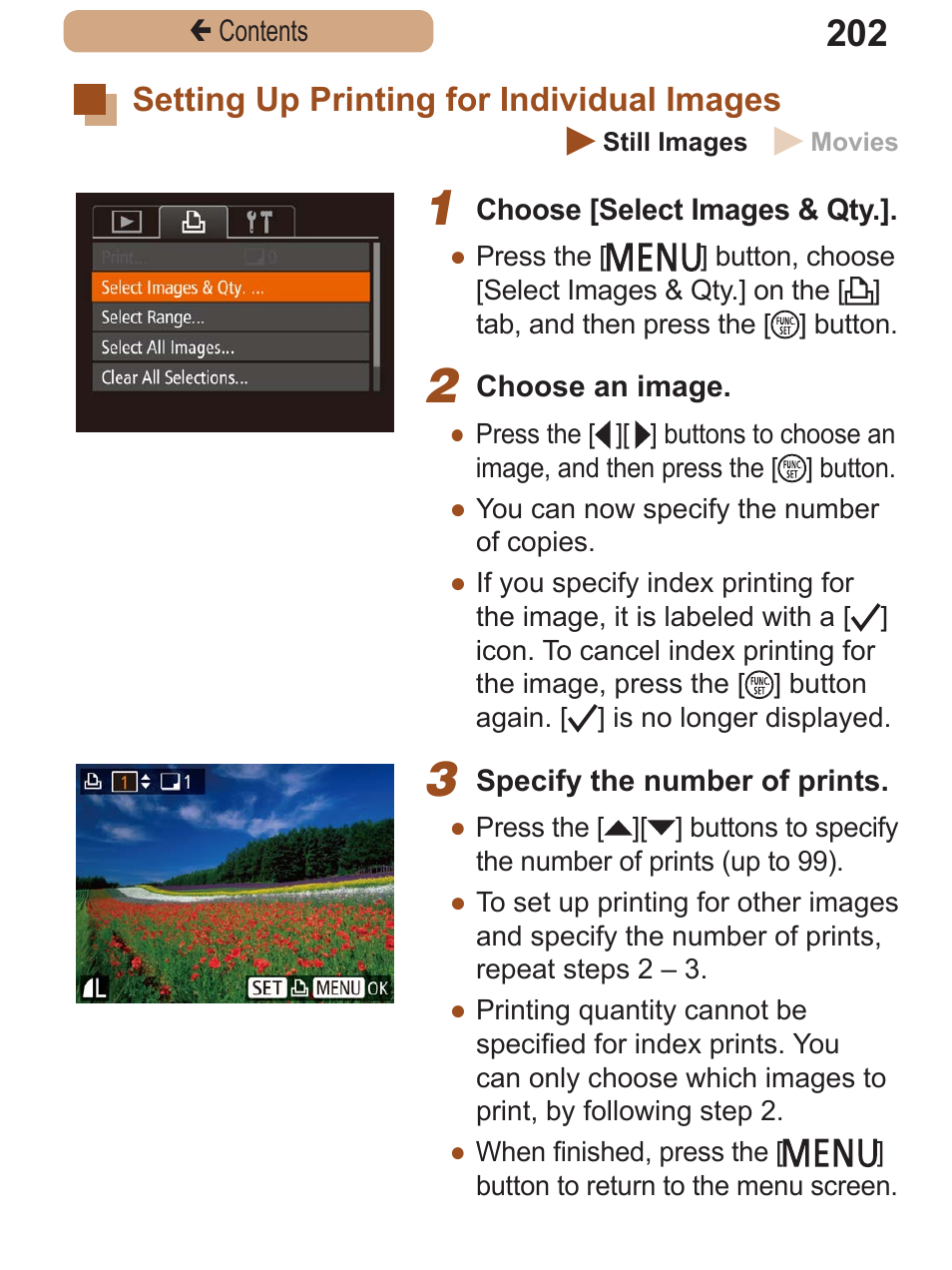 Setting up printing for individual images, Setting up printing for, Individual images | Canon PowerShot SX410 IS User Manual | Page 202 / 250