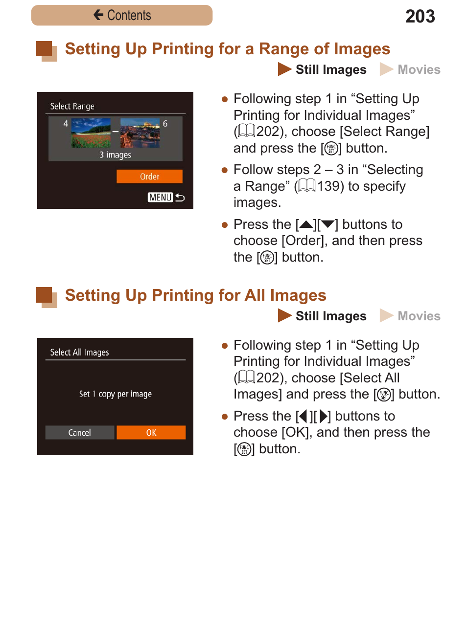 Setting up printing for a range of images, Setting up printing for all images, Setting up printing for a | Range of images setting up printing for, All images | Canon PowerShot SX410 IS User Manual | Page 203 / 250