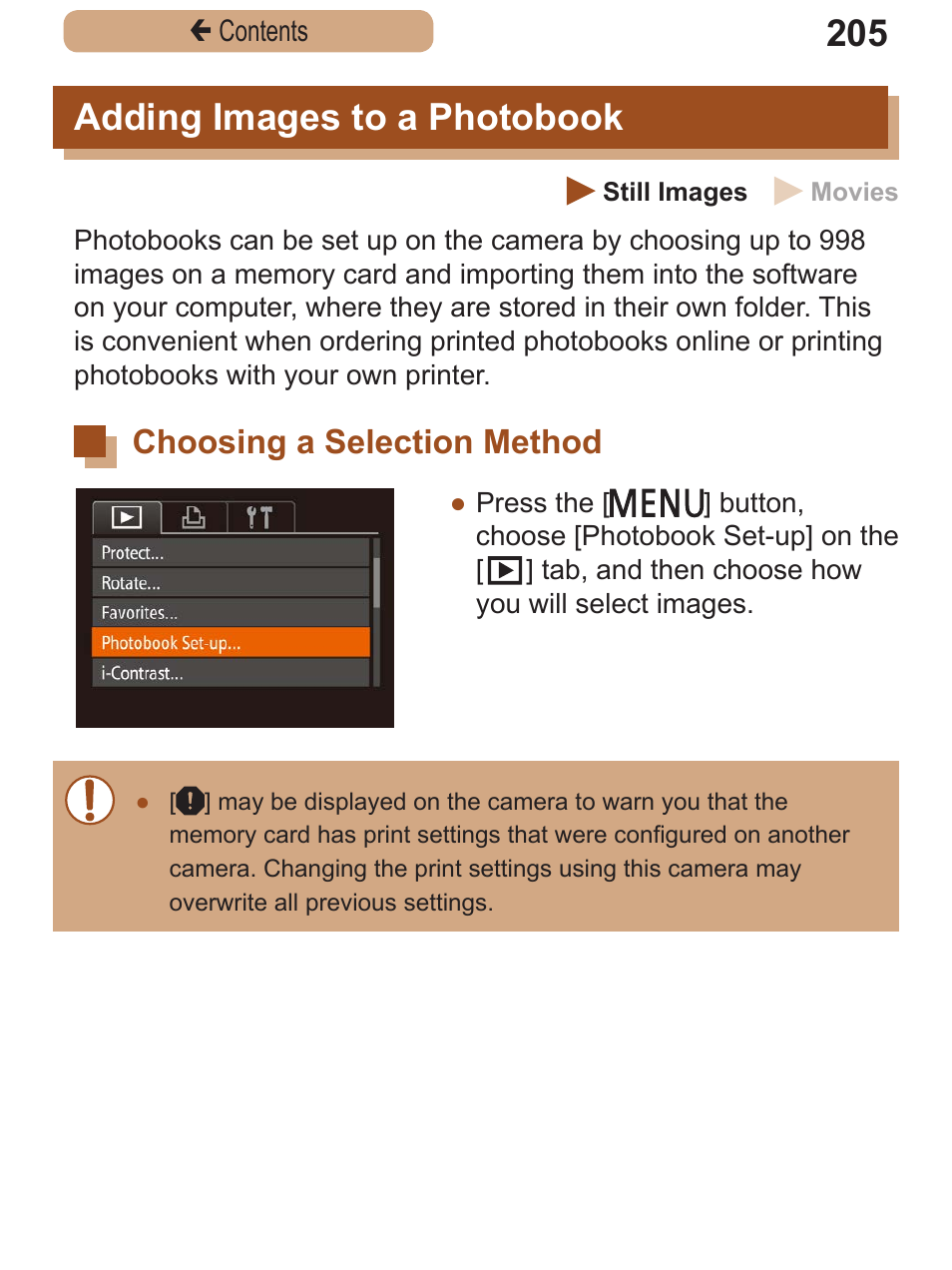 Adding images to a photobook, Choosing a selection method, Adding images to a | Photobook, Choosing a selection, Method, Adding images to a photobook” (= 205), Images to a photobook” (= 205) | Canon PowerShot SX410 IS User Manual | Page 205 / 250