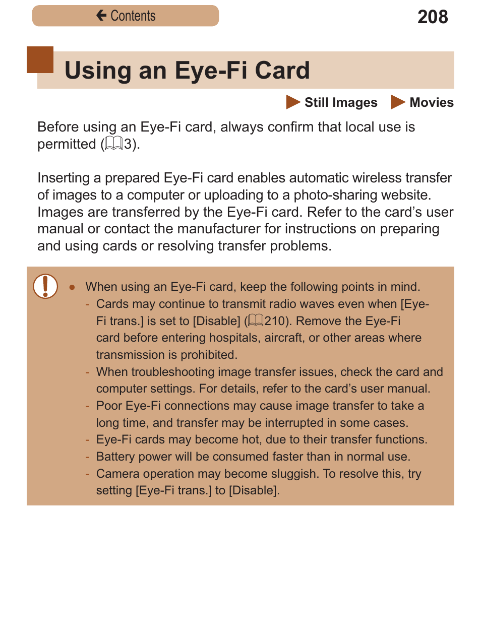 Using an eye-fi card, Eye-fi settings] (= 208) | Canon PowerShot SX410 IS User Manual | Page 208 / 250