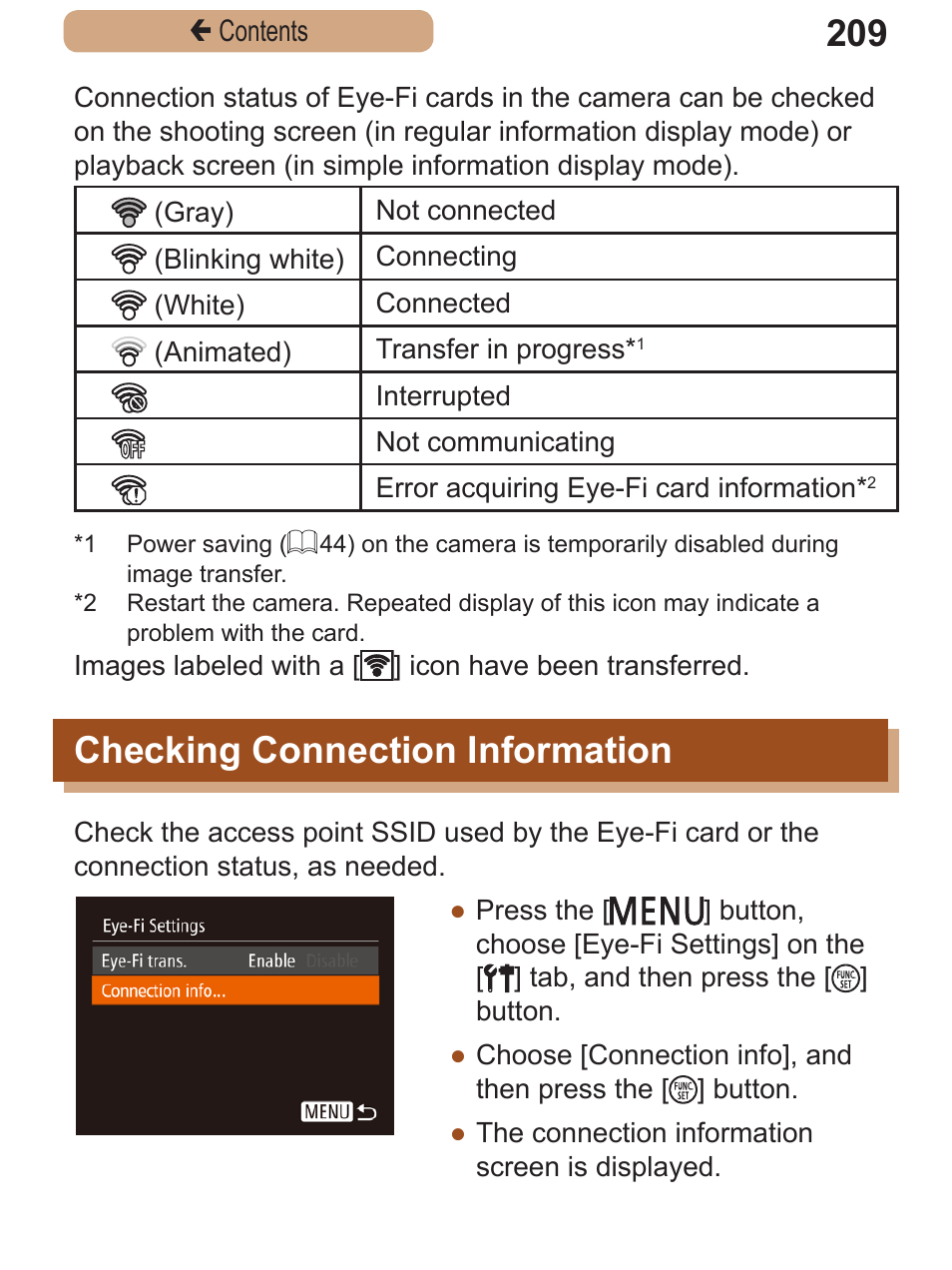 Checking connection information, Checking connection, Information | Canon PowerShot SX410 IS User Manual | Page 209 / 250