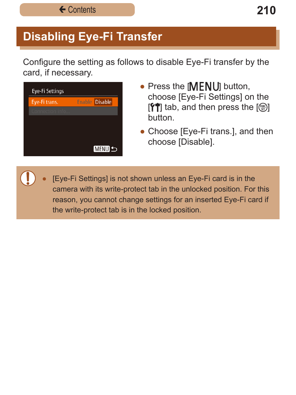 Disabling eye-fi transfer, Disabling eye-fi, Transfer | Canon PowerShot SX410 IS User Manual | Page 210 / 250