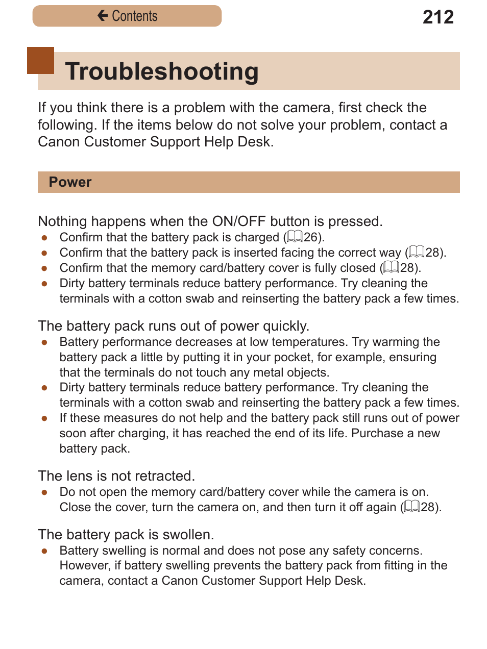 Troubleshooting, Çcontents | Canon PowerShot SX410 IS User Manual | Page 212 / 250