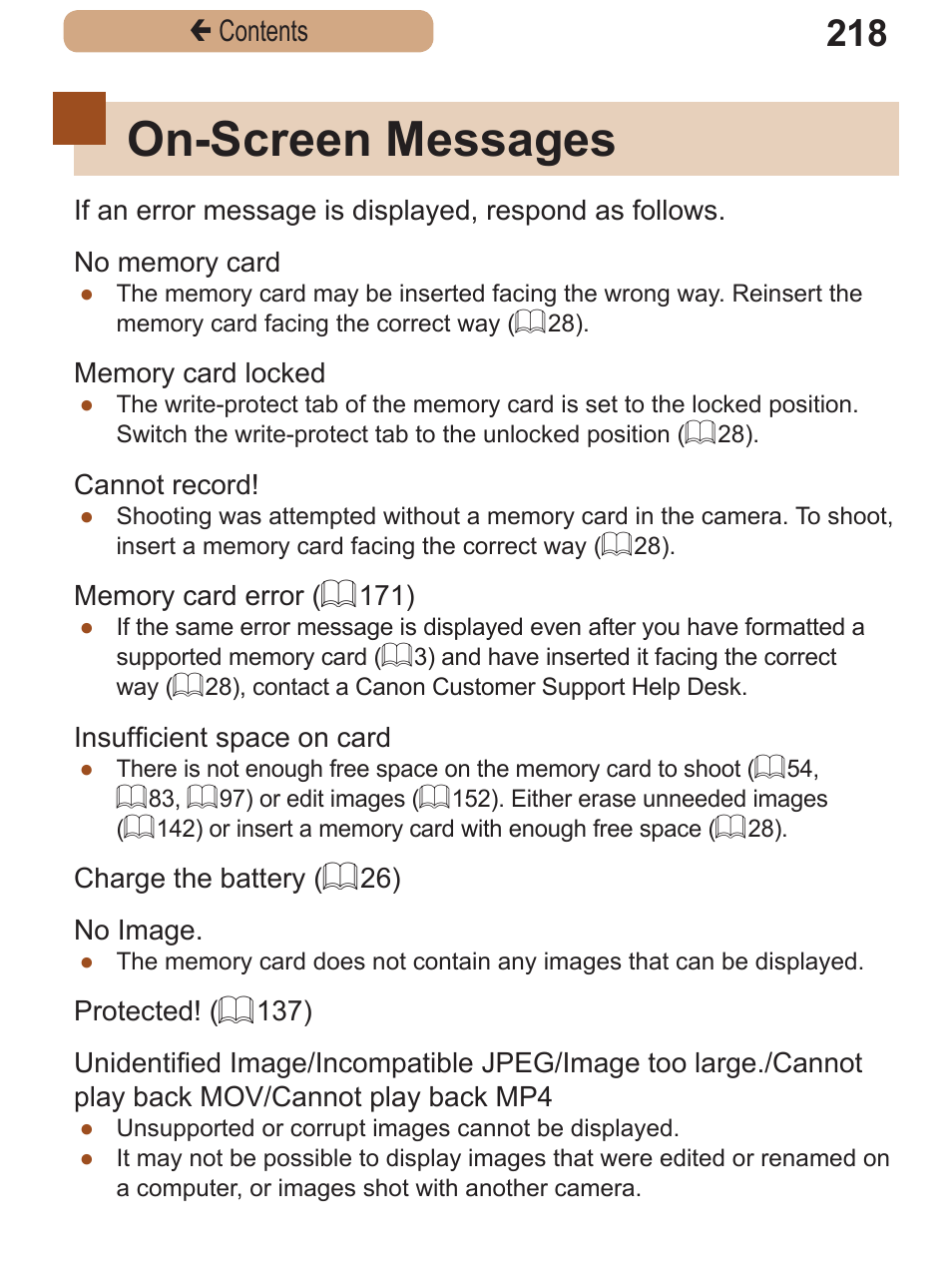 On-screen messages, Çcontents | Canon PowerShot SX410 IS User Manual | Page 218 / 250