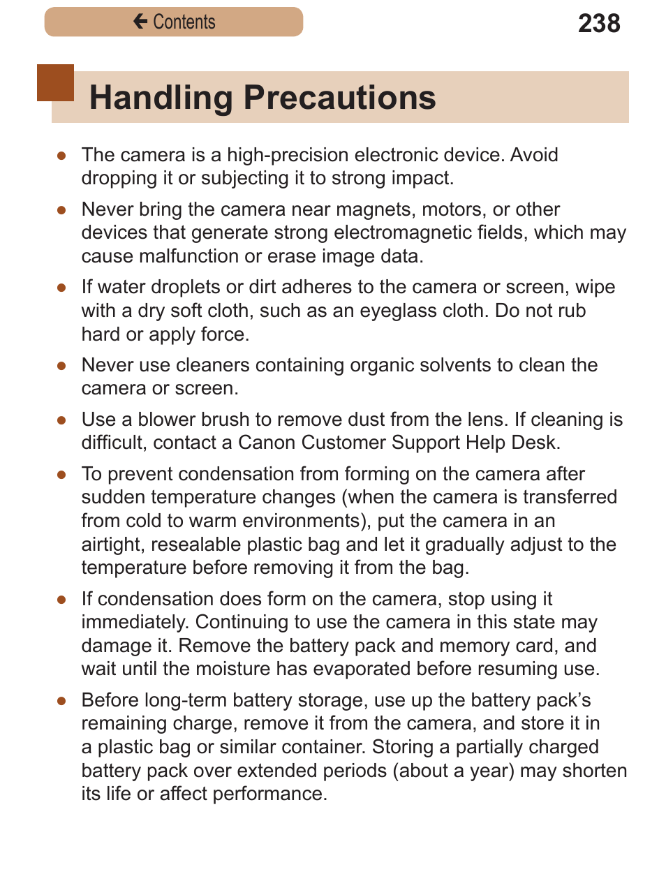 Handling precautions | Canon PowerShot SX410 IS User Manual | Page 238 / 250