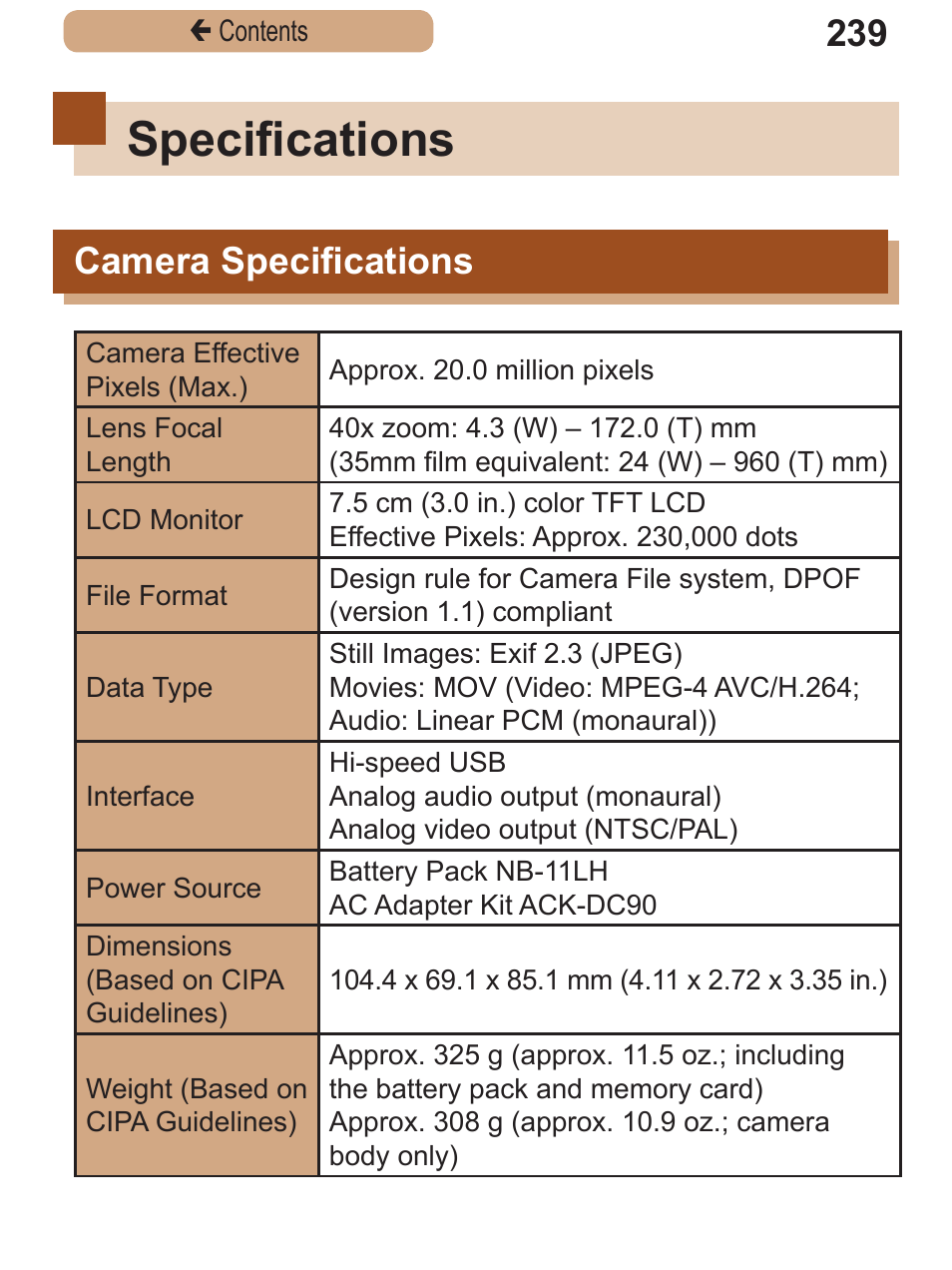 Specifications, Camera specifications, Camera | Canon PowerShot SX410 IS User Manual | Page 239 / 250