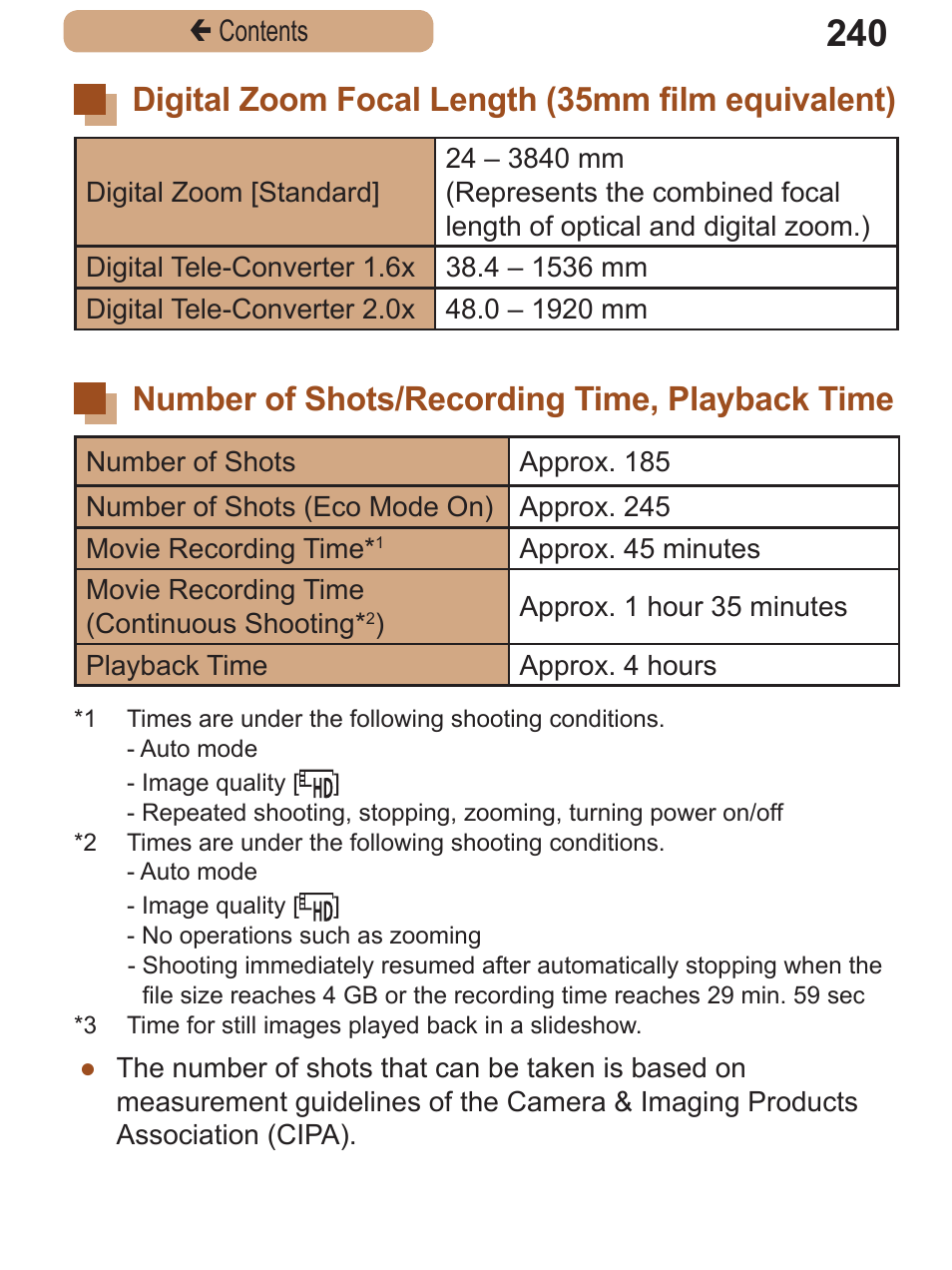 Digital zoom focal length (35mm film equivalent), Number of shots/recording time, playback time, Digital zoom focal | Length (35mm film, Equivalent) number of shots, Recording time, Playback time | Canon PowerShot SX410 IS User Manual | Page 240 / 250