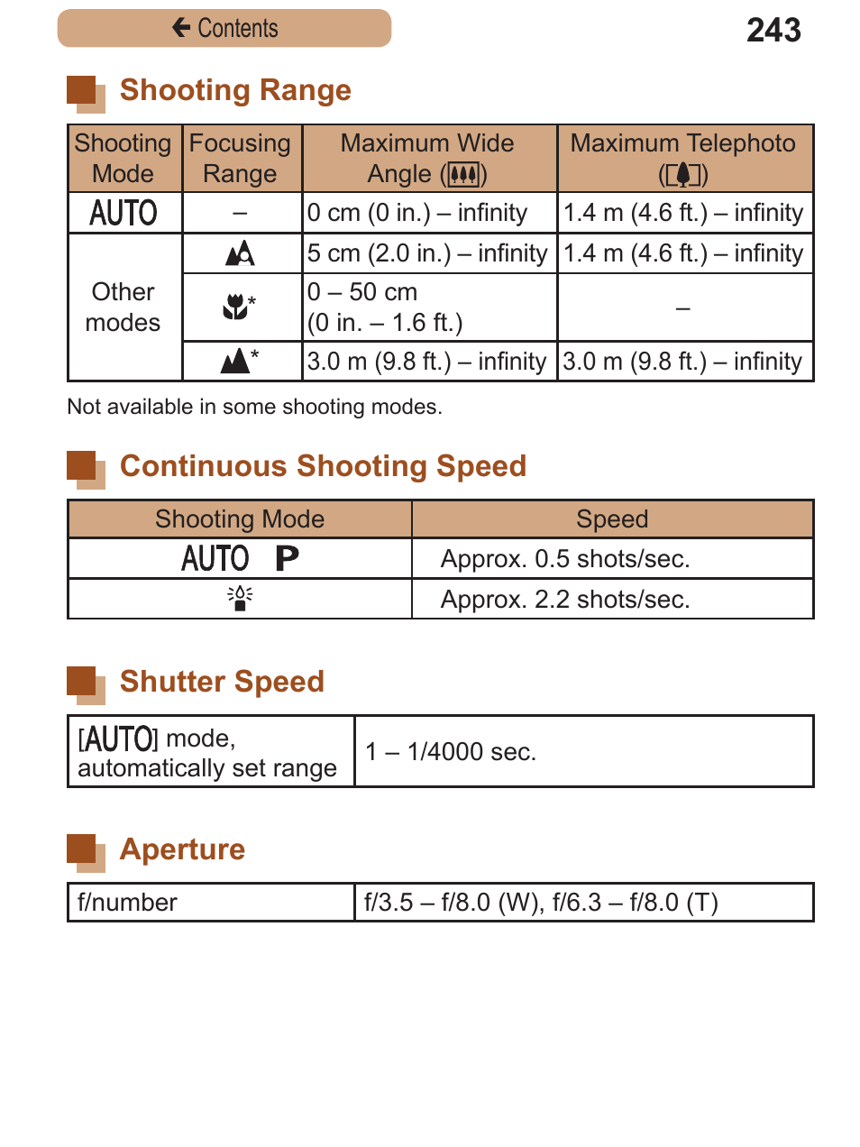 Shooting range, Continuous shooting speed, Shutter speed | Aperture, Shooting range continuous shooting, Speed shutter speed aperture, Shooting speed” (= 243) | Canon PowerShot SX410 IS User Manual | Page 243 / 250