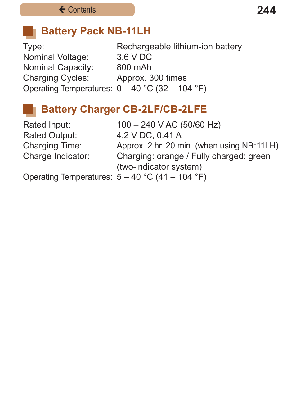 Battery pack nb-11lh, Battery charger cb-2lf/cb-2lfe, Battery pack | Nb-11lh battery charger, Cb-2lf/cb-2lfe | Canon PowerShot SX410 IS User Manual | Page 244 / 250