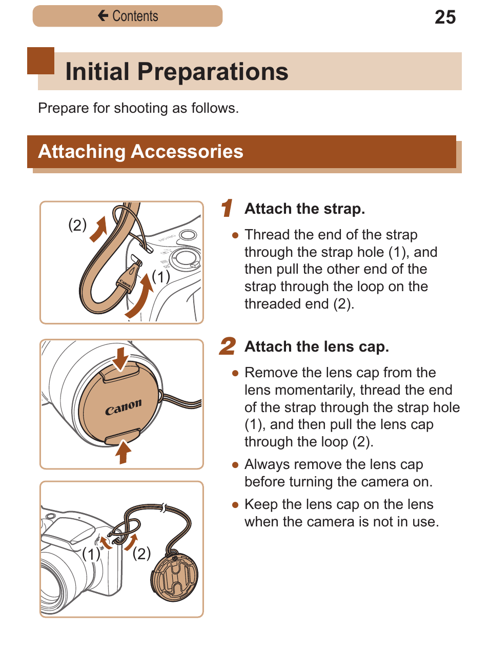 Initial preparations, Attaching accessories, Attaching | Accessories | Canon PowerShot SX410 IS User Manual | Page 25 / 250