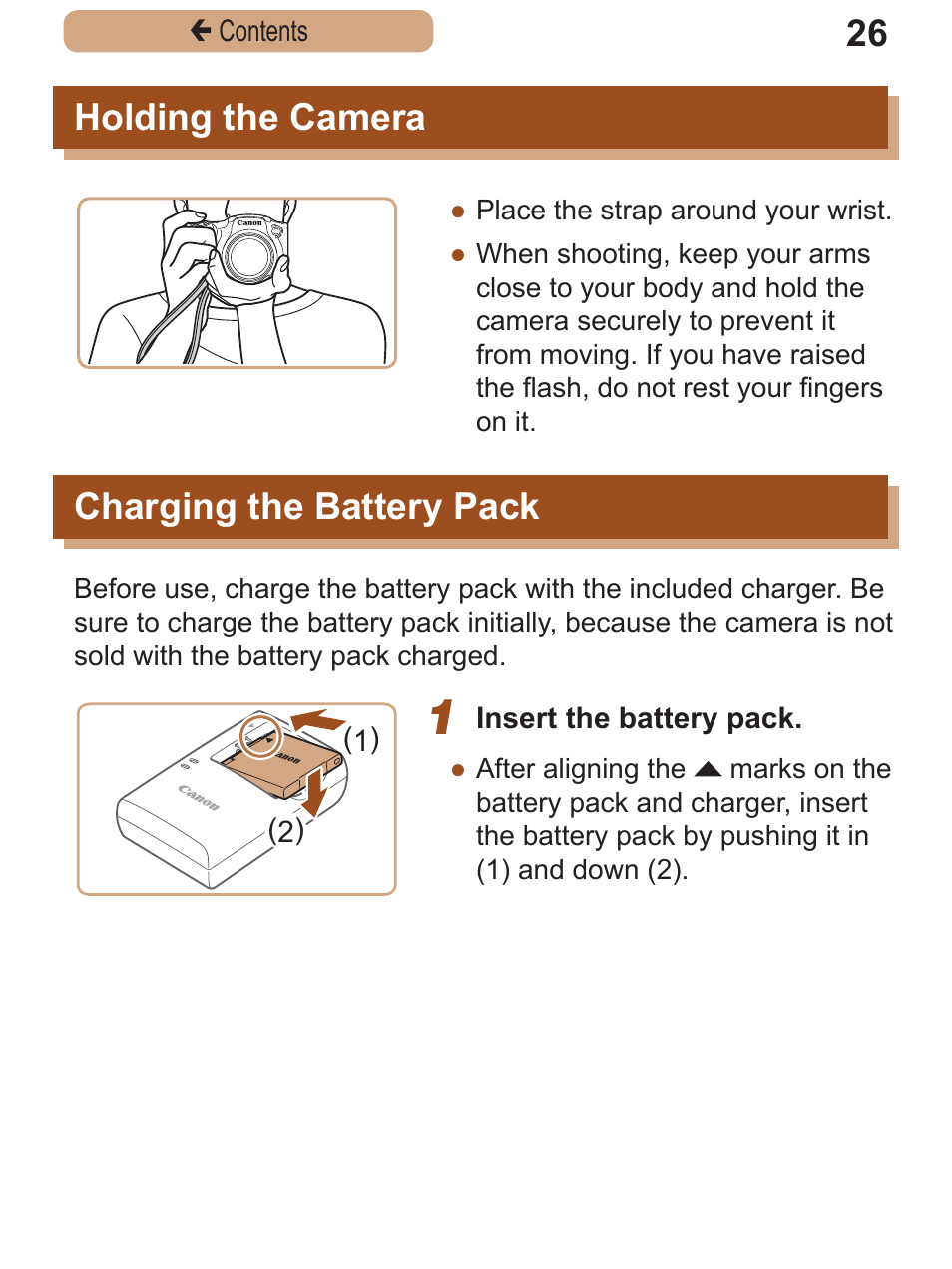 Holding the camera, Charging the battery pack, Holding the camera charging the battery | Pack | Canon PowerShot SX410 IS User Manual | Page 26 / 250